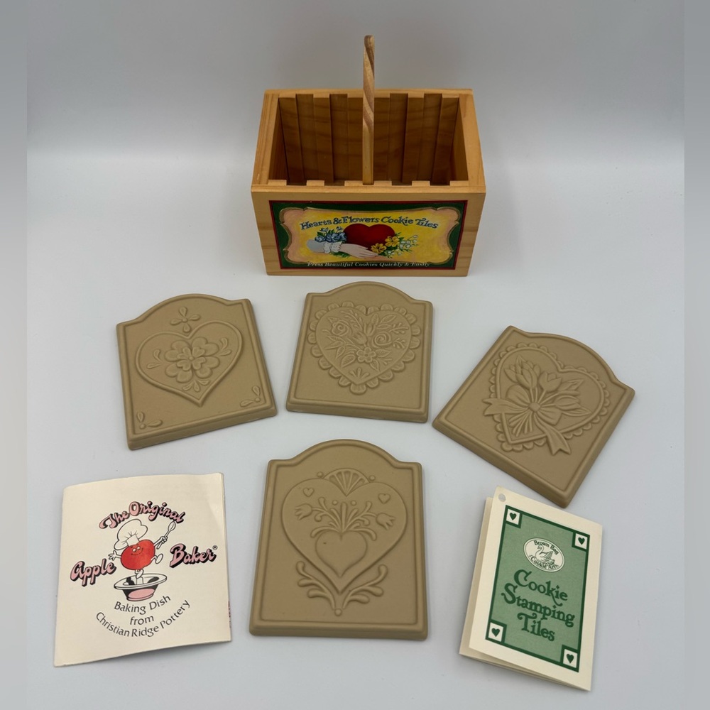 Vintage Brown Bag Hearts & Flowers Cookie Tiles Complete Set w Caddy 1999